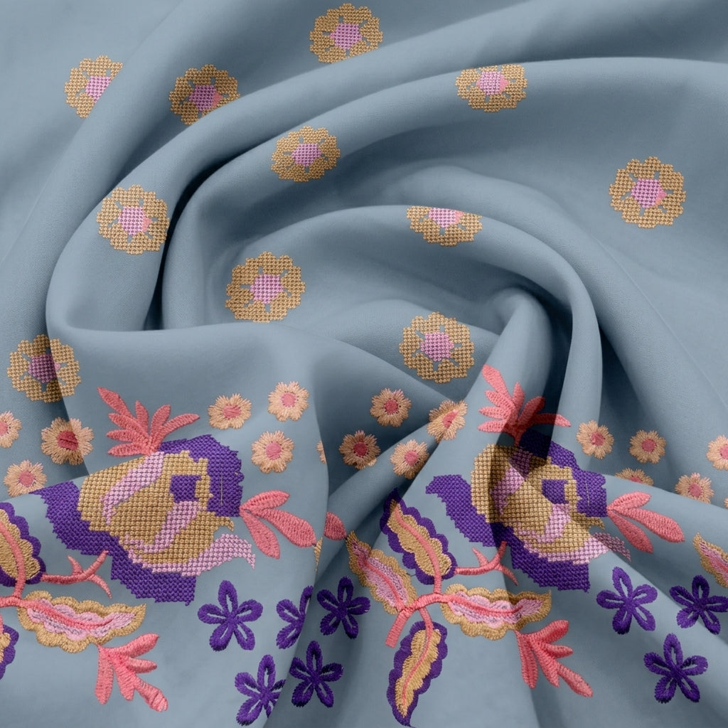 Swirled Embroidery Grey Embroidery Cotton Fabric