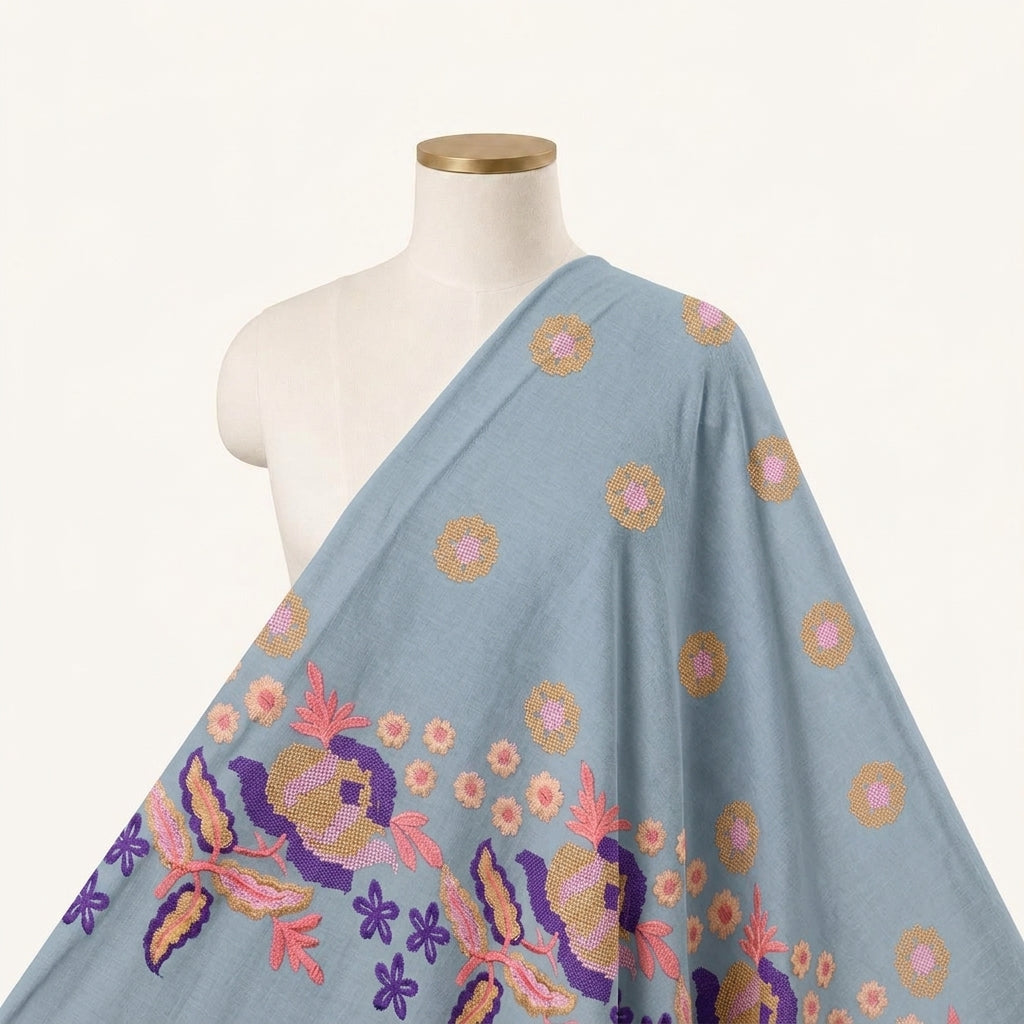 Embroidery Grey Embroidery Cotton Fabric Draped as a saree