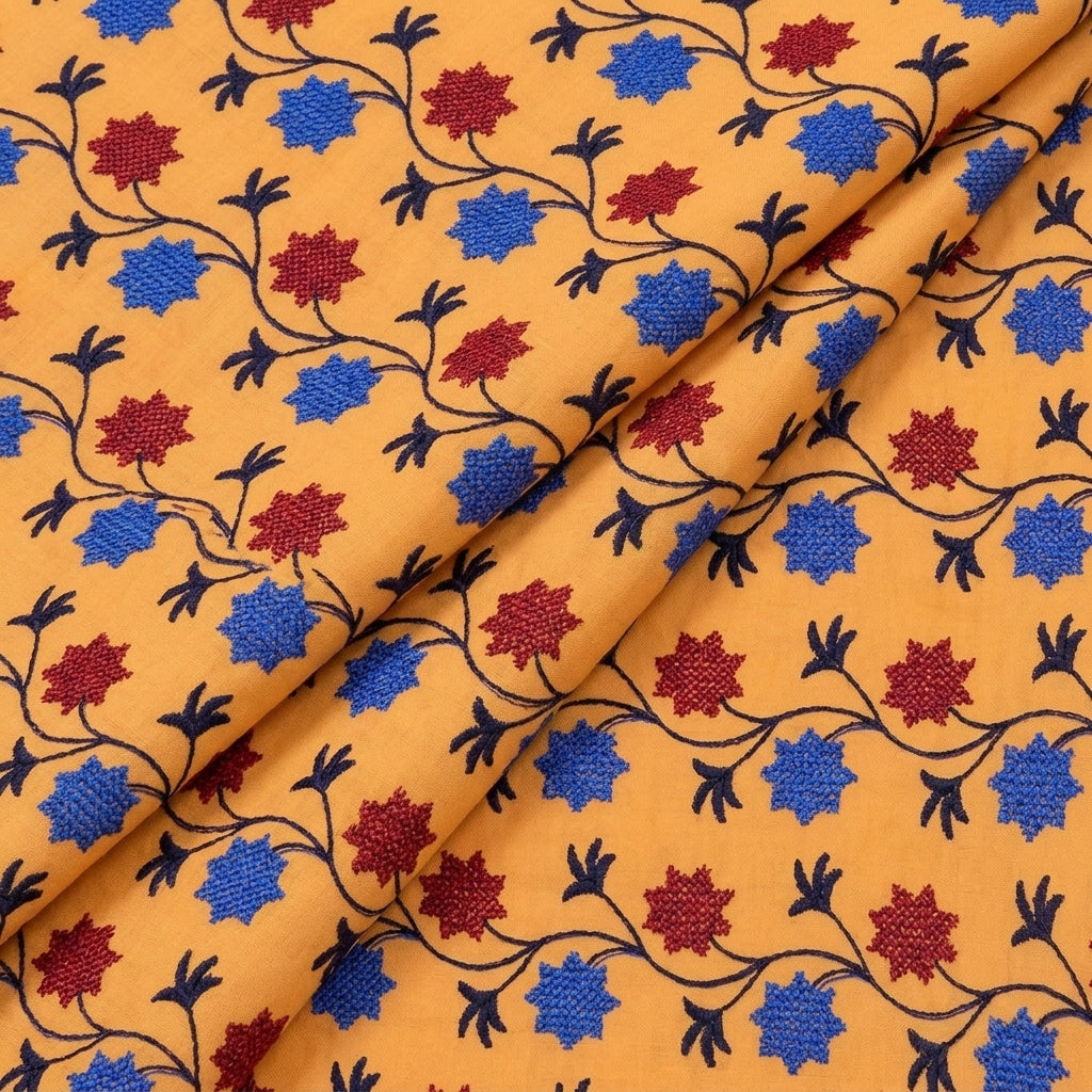 Folded Embroidery Orange Embroidery Cotton Fabric