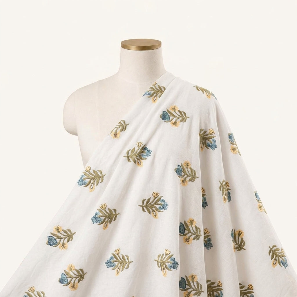 Embroidery White Embroidery Cotton Fabric Draped as a saree