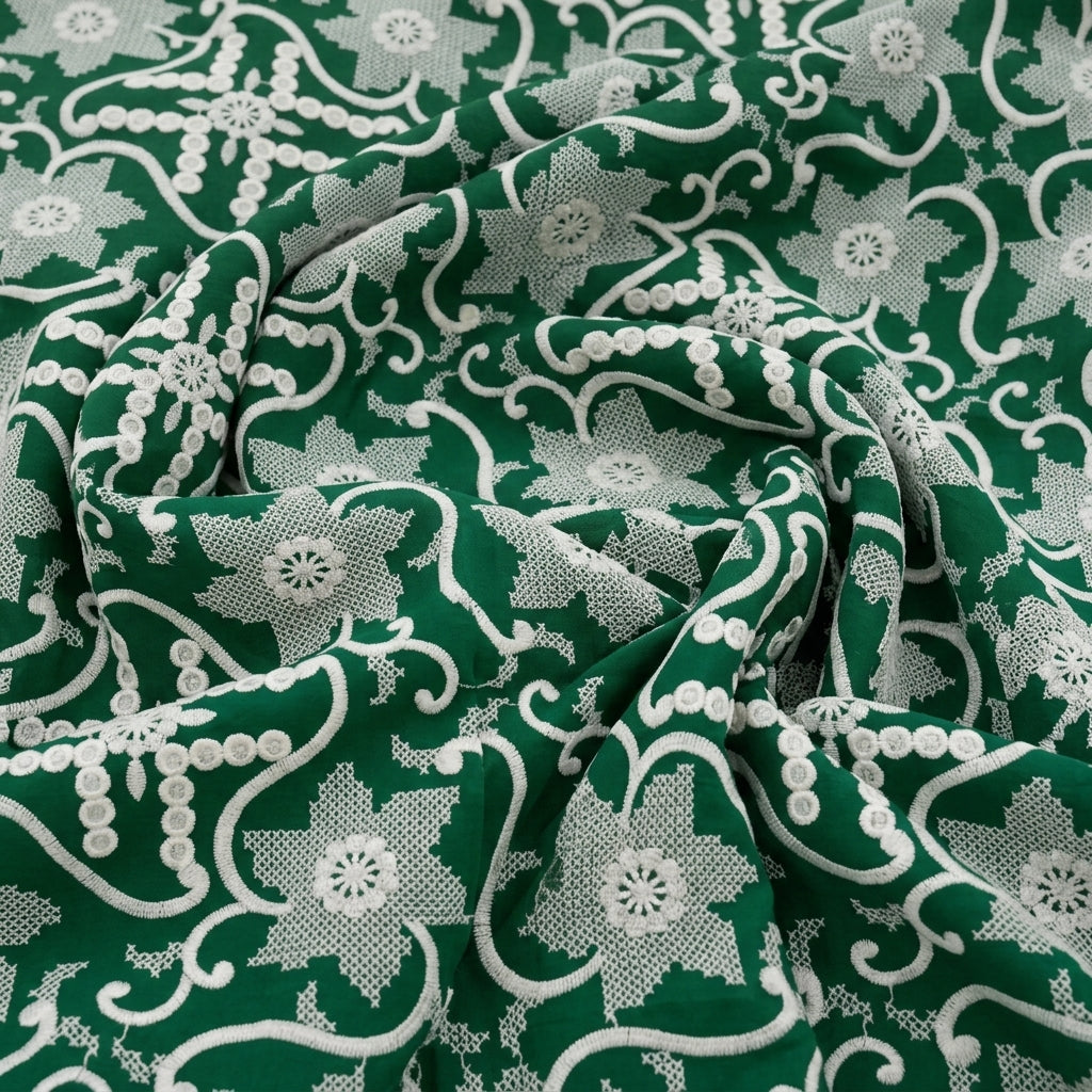 Green Embroidery Cotton Fabric - EC17391 - EC17391 - Swirl
