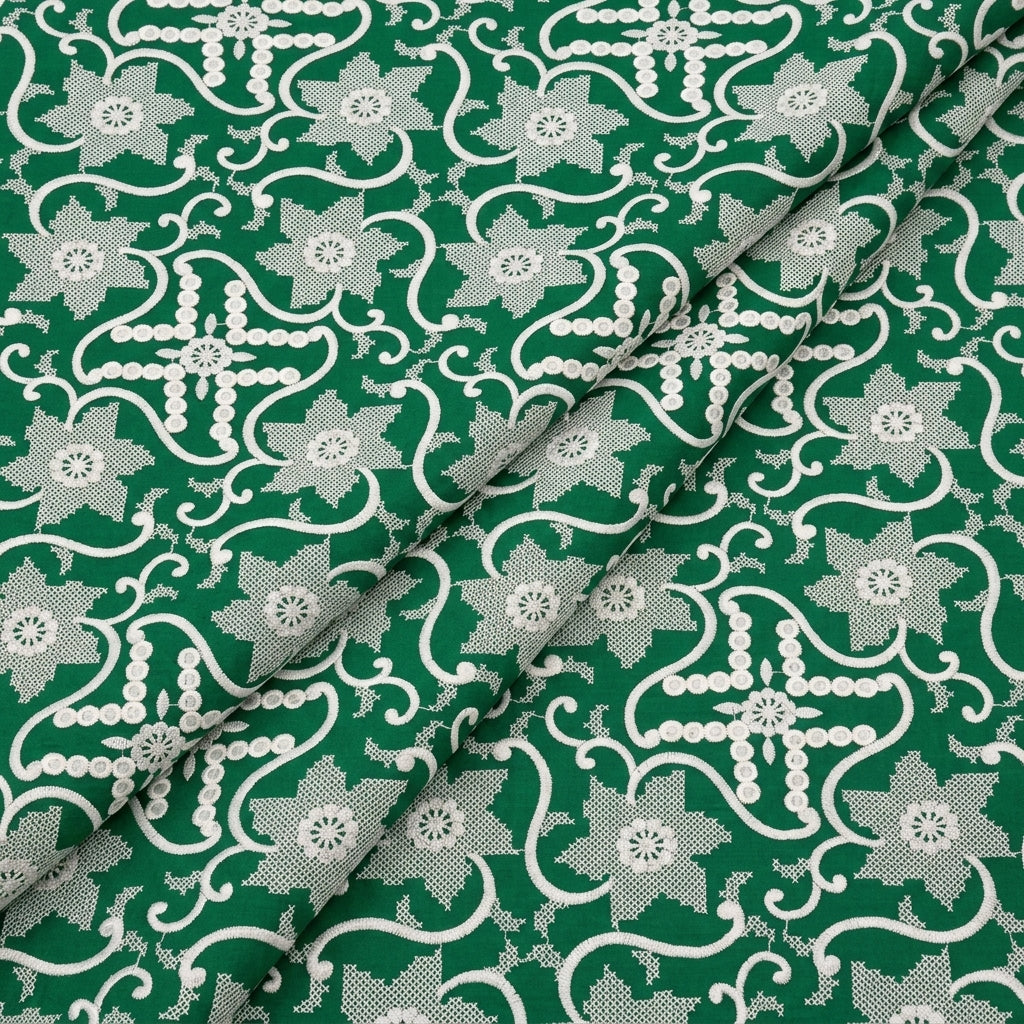 Folded Embroidery Green Embroidery Cotton Fabric
