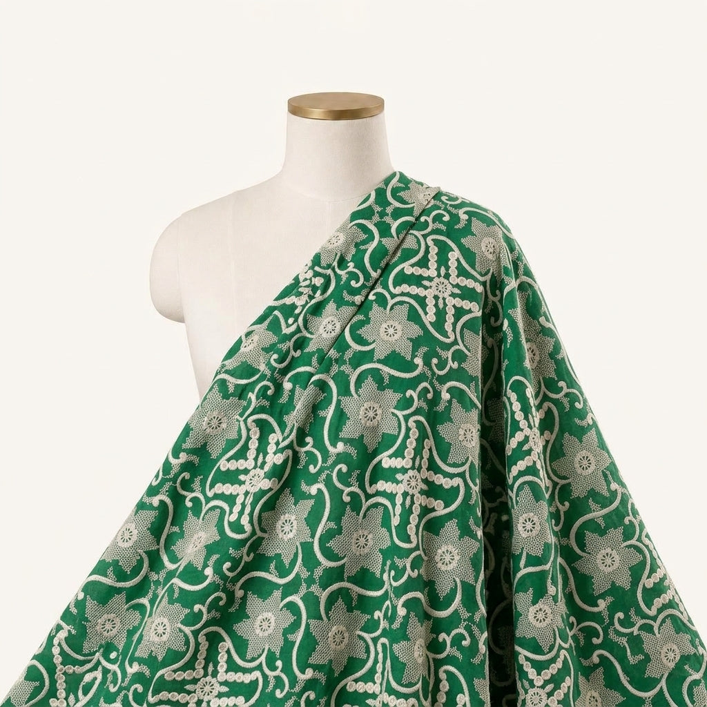Green Embroidery Cotton Fabric - EC17391 - EC17391 - saree_drape