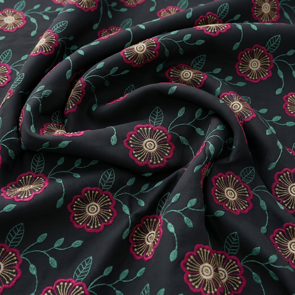 Swirled Embroidery Black Embroidery Cotton Fabric