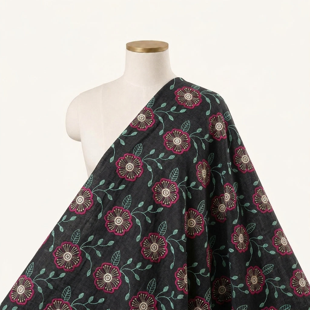 Black Embroidery Cotton Fabric - EC17392 - EC17392 - saree_drape