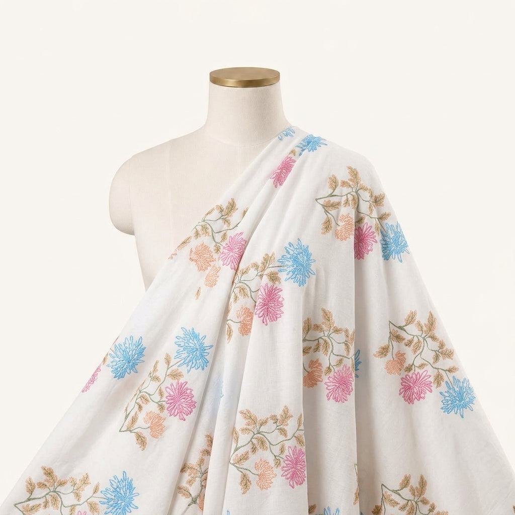 Embroidery White Embroidery Cotton Fabric Draped as a saree