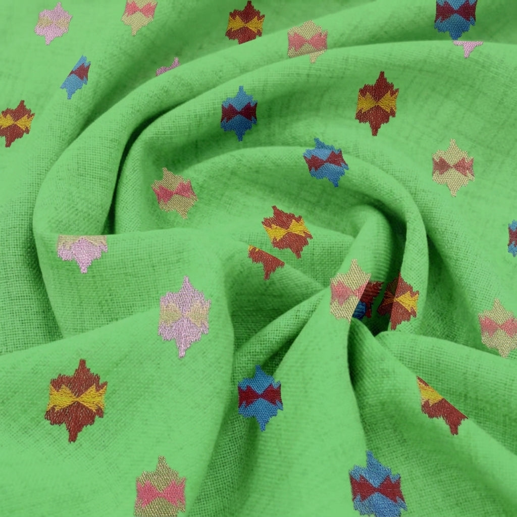 Swirled Embroidery Green Embroidery Cotton Fabric