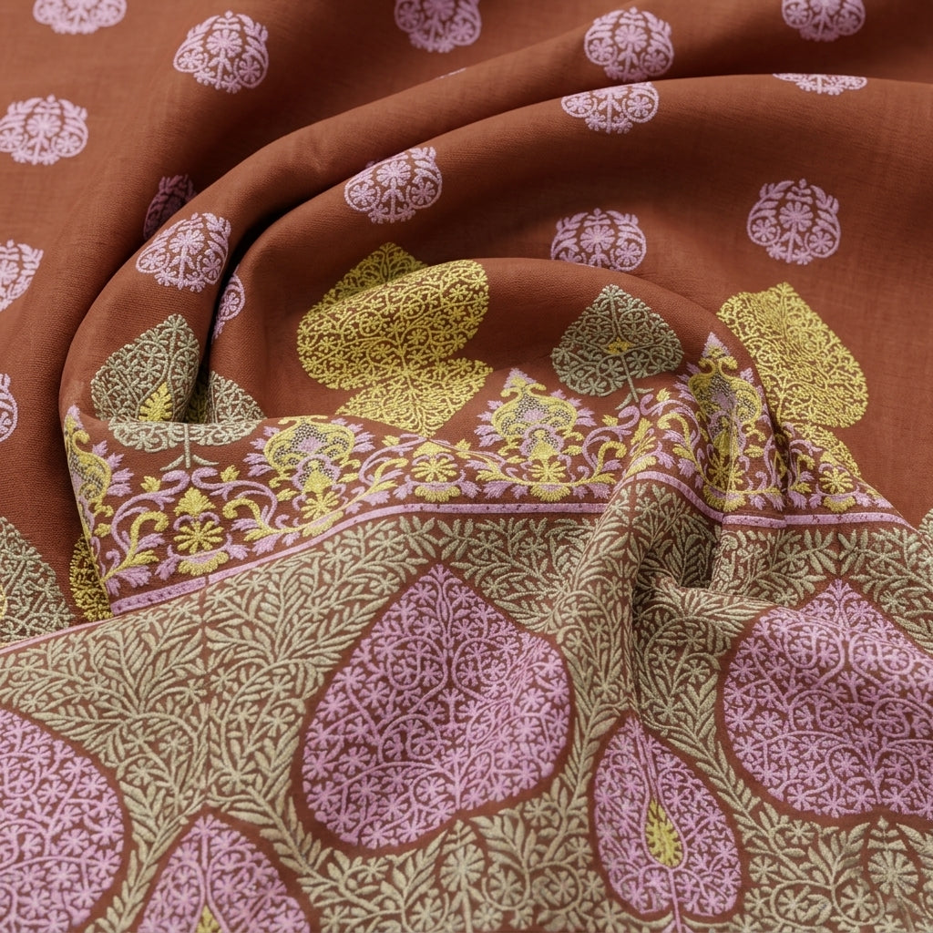Swirled Embroidery Brown Embroidery Cotton Fabric