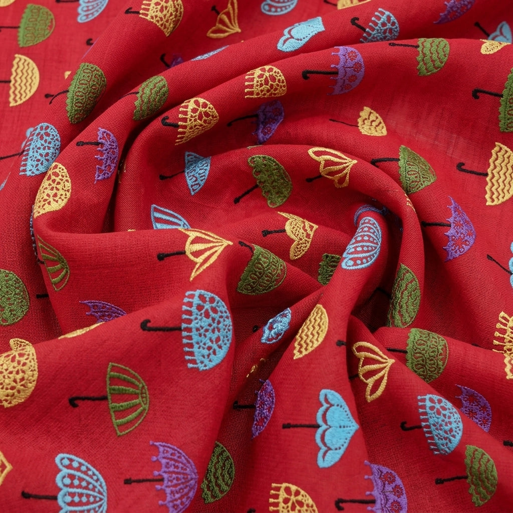 Swirled Embroidery Red Embroidery Cotton Fabric