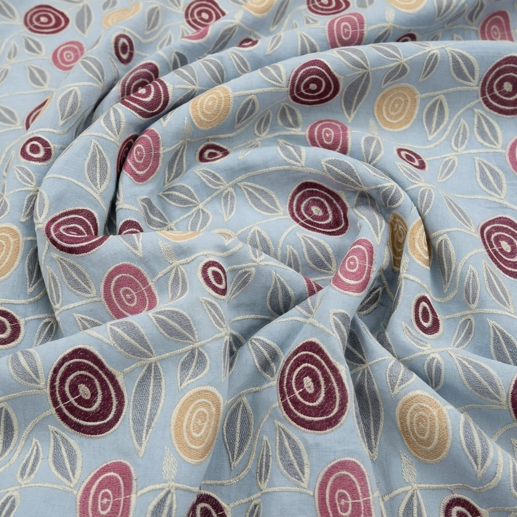 Swirled Embroidery Light Blue Embroidery Cotton Fabric