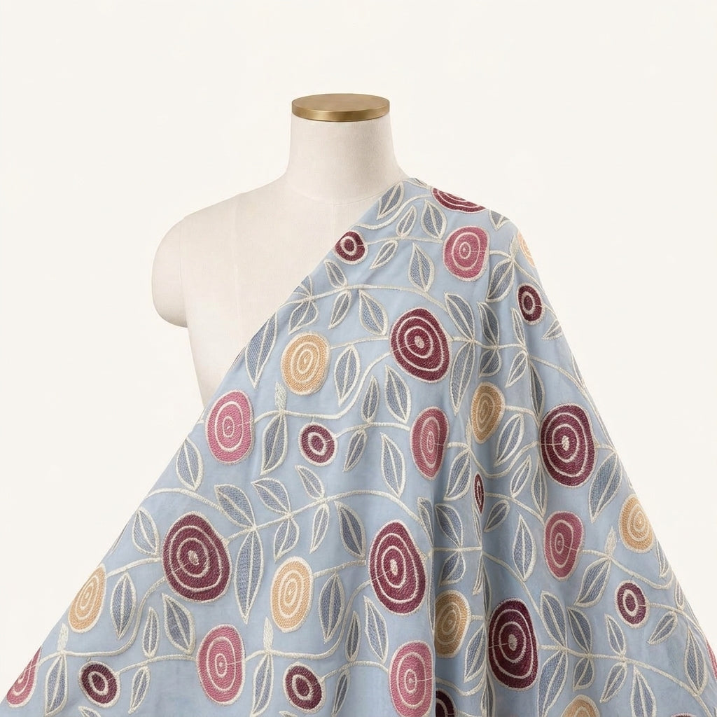 Embroidery Light Blue Embroidery Cotton Fabric Draped as a saree