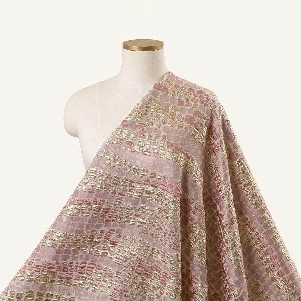 Embossed Pink Gold Embossed Organza Fabric Draped as a saree