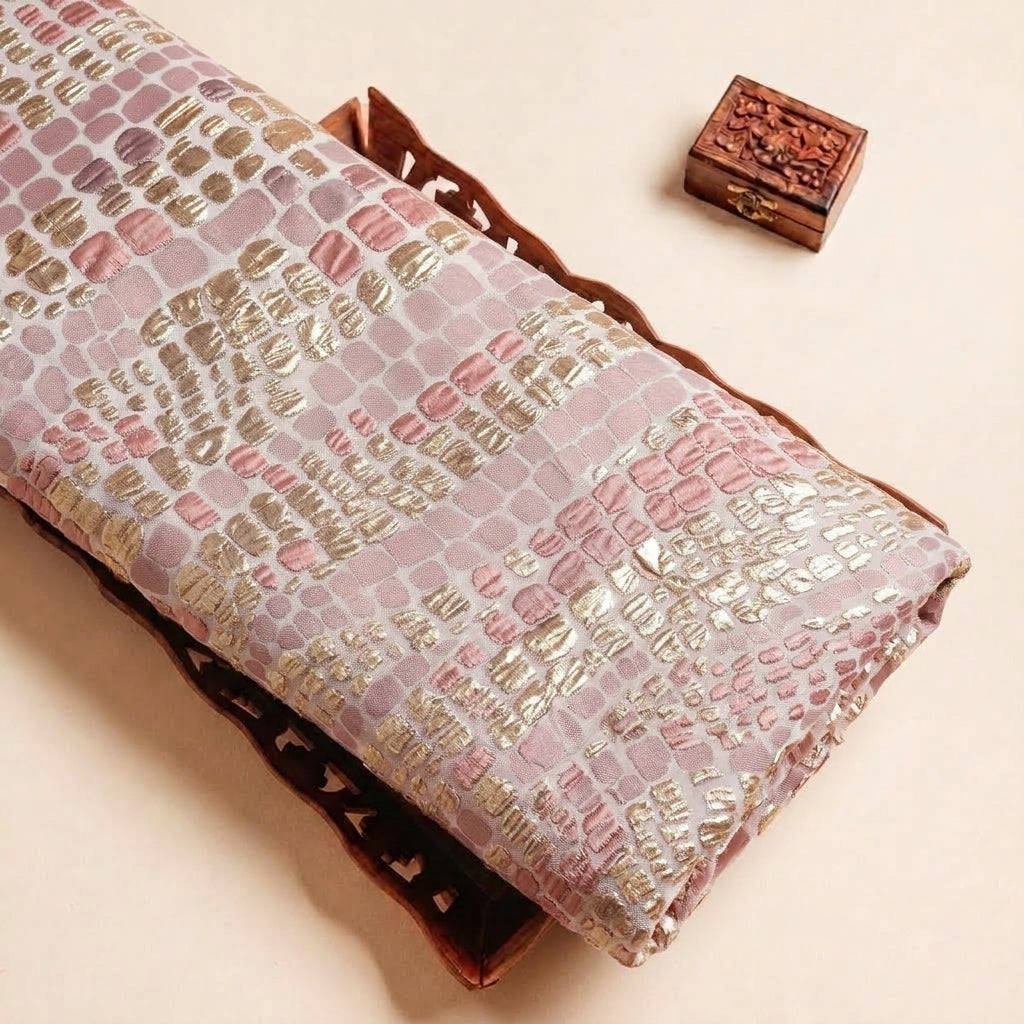 Folded Pink Gold Embossed Organza Fabric Highlighting Abstract and Texture