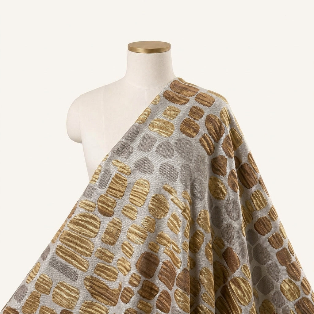 Embossed Brown Gold Embossed Organza Fabric Draped as a saree