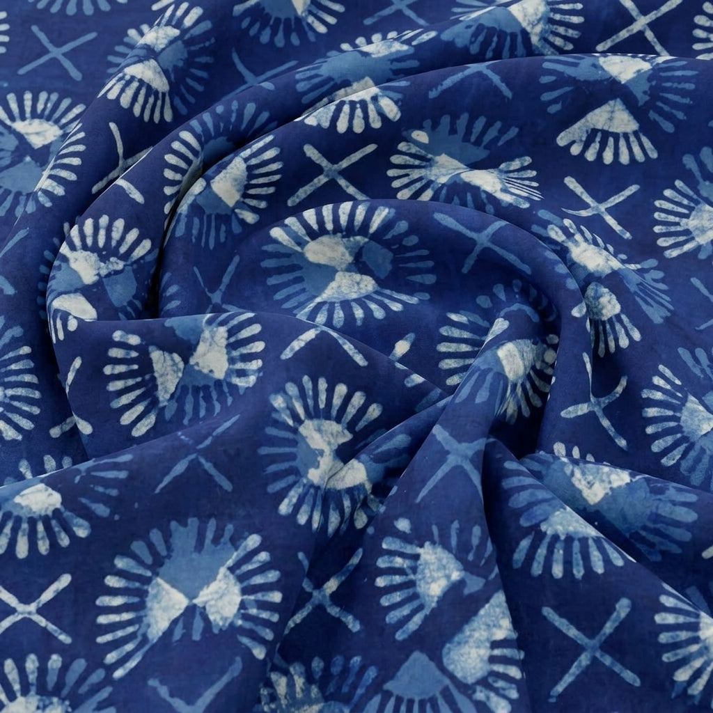 Swirled Indigo Block Print Cotton Fabric Showing Abstract and Drape