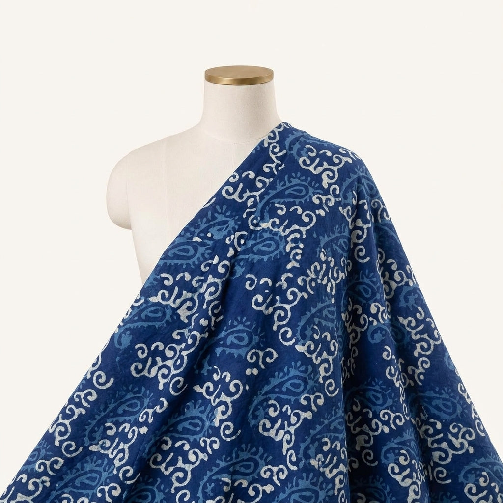 Paisley Indigo Paisley Cotton Fabric Draped as a saree
