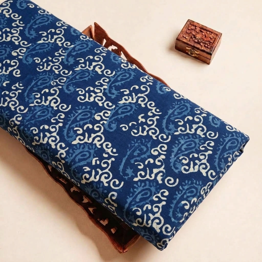 Folded Indigo Paisley Cotton Fabric Highlighting and Texture