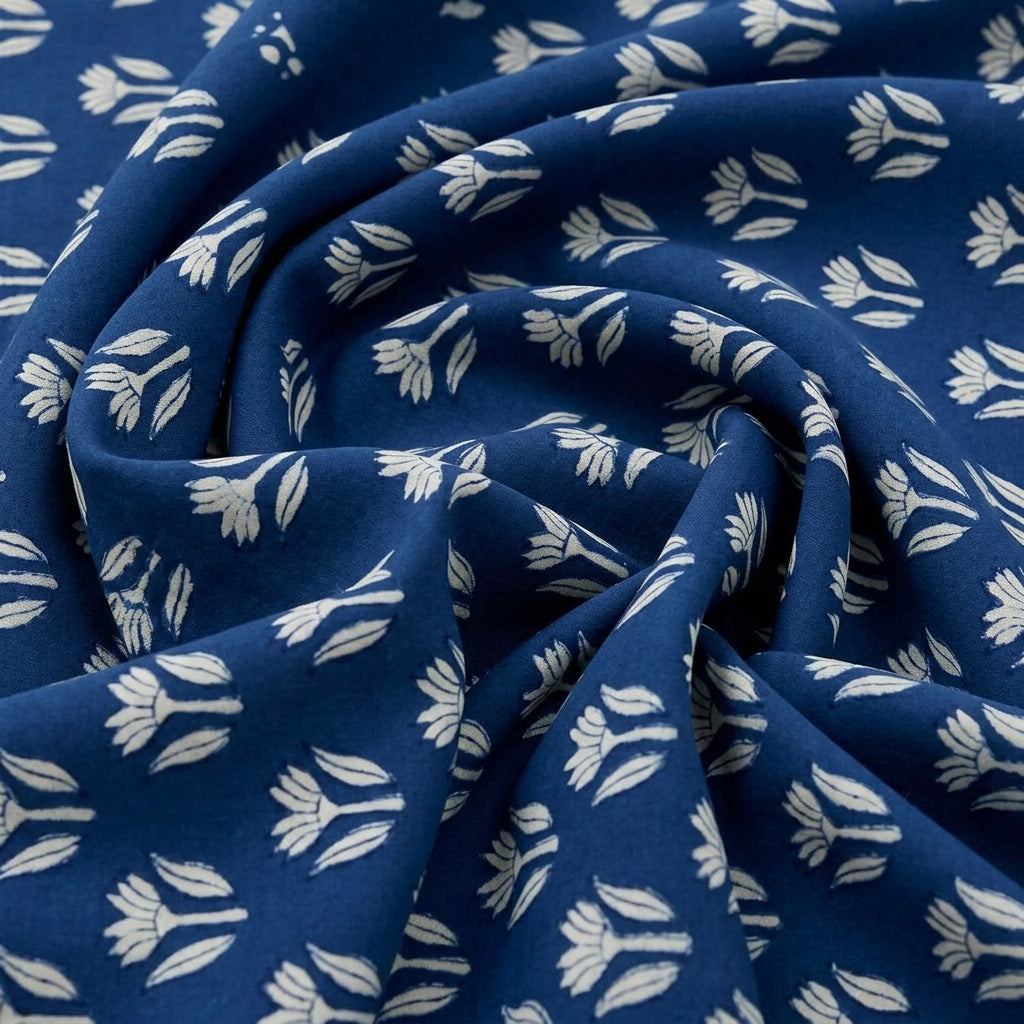 Swirled Indigo Block Print Cotton Fabric Showing Floral and Drape