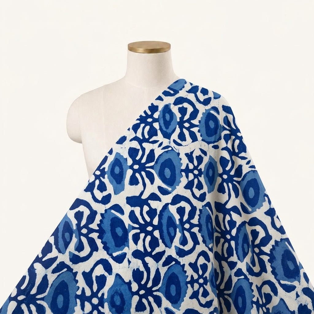 Block Print Indigo Block Print Cotton Fabric Draped as a saree