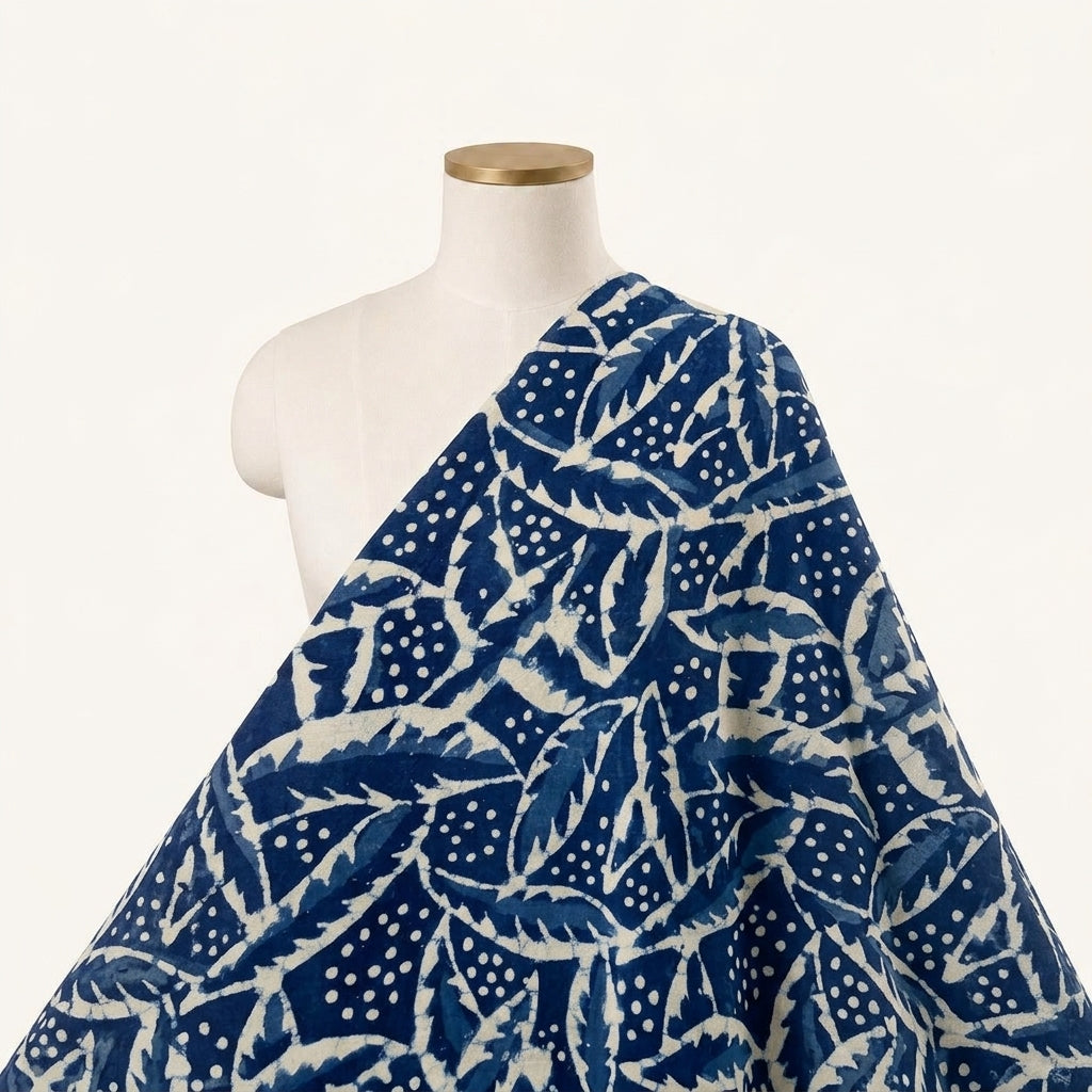 Block Print Indigo Block Print Cotton Fabric Draped as a saree