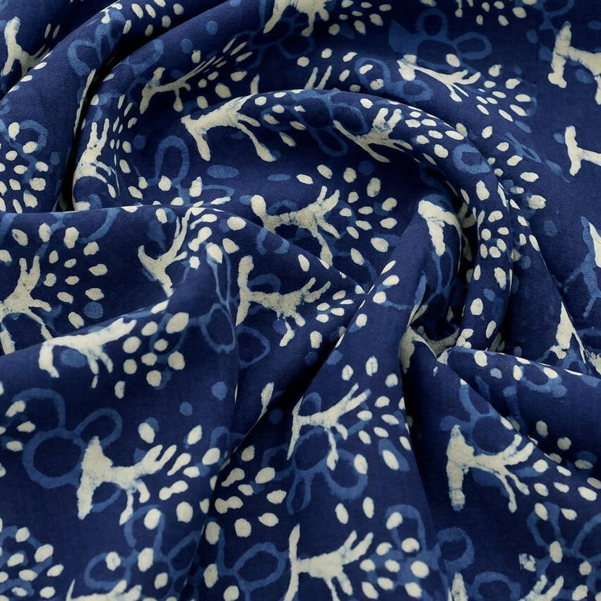 Swirled Indigo Block Print Cotton Fabric Showing Leaf and Drape