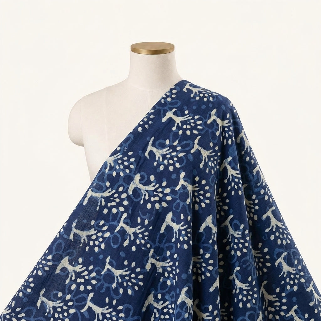 Block Print Indigo Block Print Cotton Fabric Draped as a saree