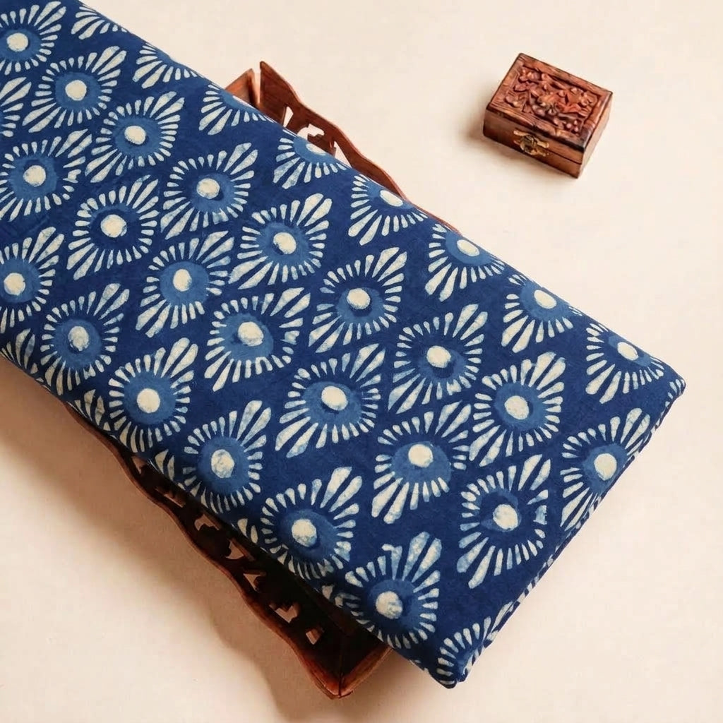 Folded Indigo Block Print Cotton Fabric Highlighting Abstract and Texture