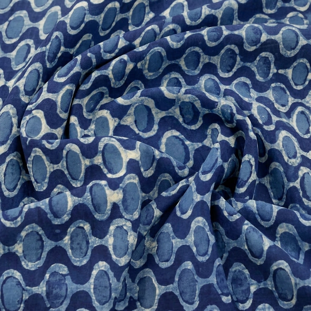 Swirled Indigo Block Print Cotton Fabric Showing Abstract and Drape