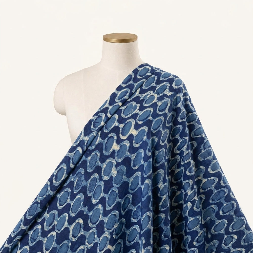 Block Print Indigo Block Print Cotton Fabric Draped as a saree