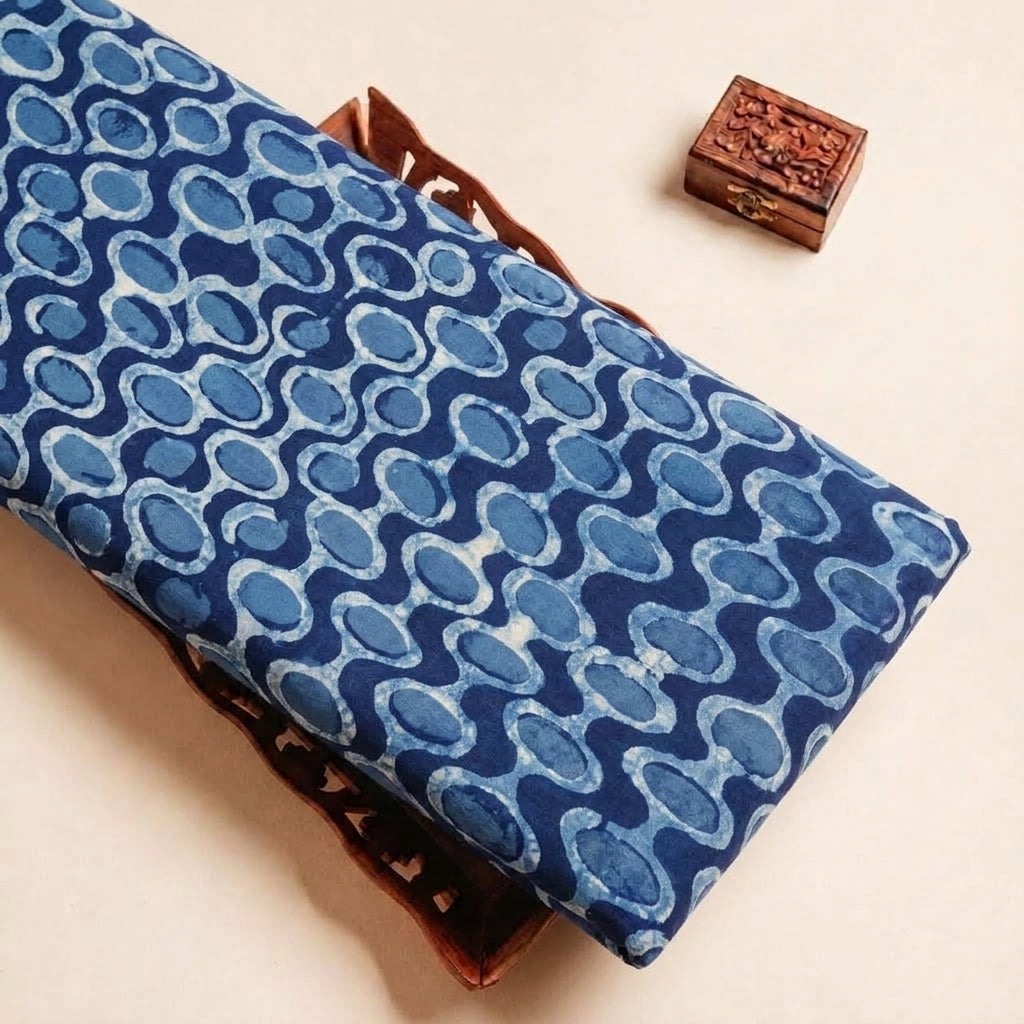 Folded Indigo Block Print Cotton Fabric Highlighting Abstract and Texture