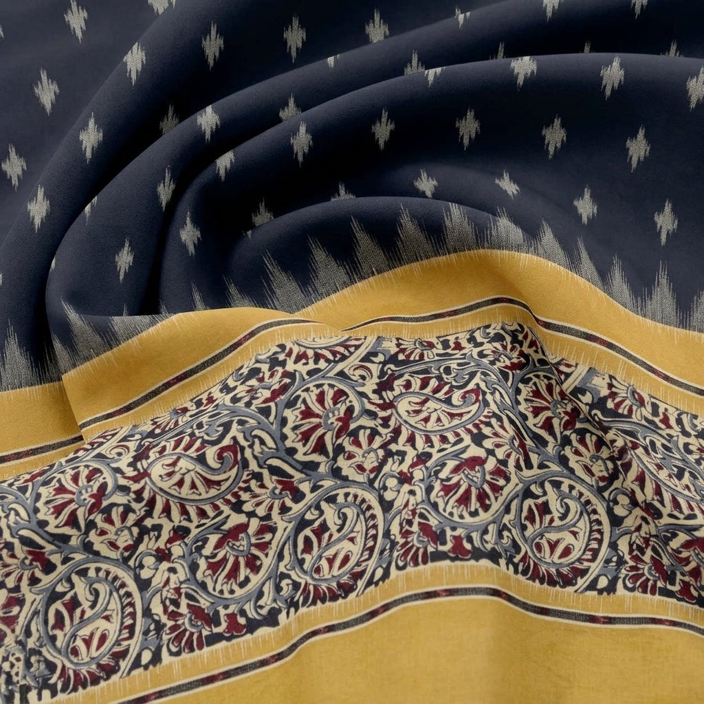Swirled Black Ikat Cotton Fabric Showing Border Paisley and Drape
