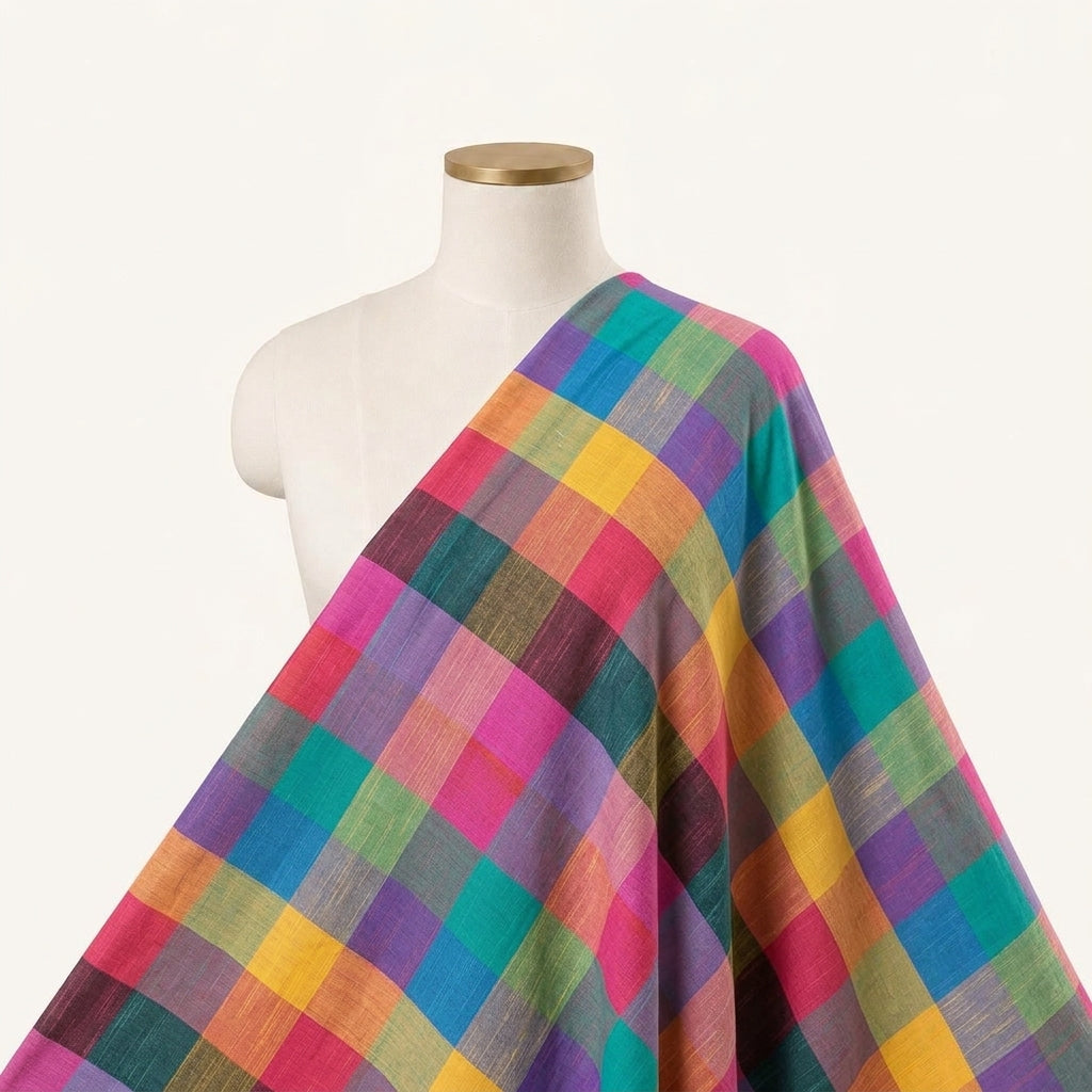 Checked Multicolor Checked Cotton Fabric Draped as a saree