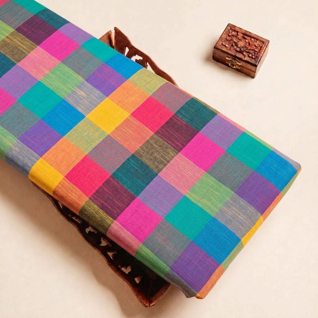 Folded Multicolor Checked Cotton Fabric Highlighting and Texture