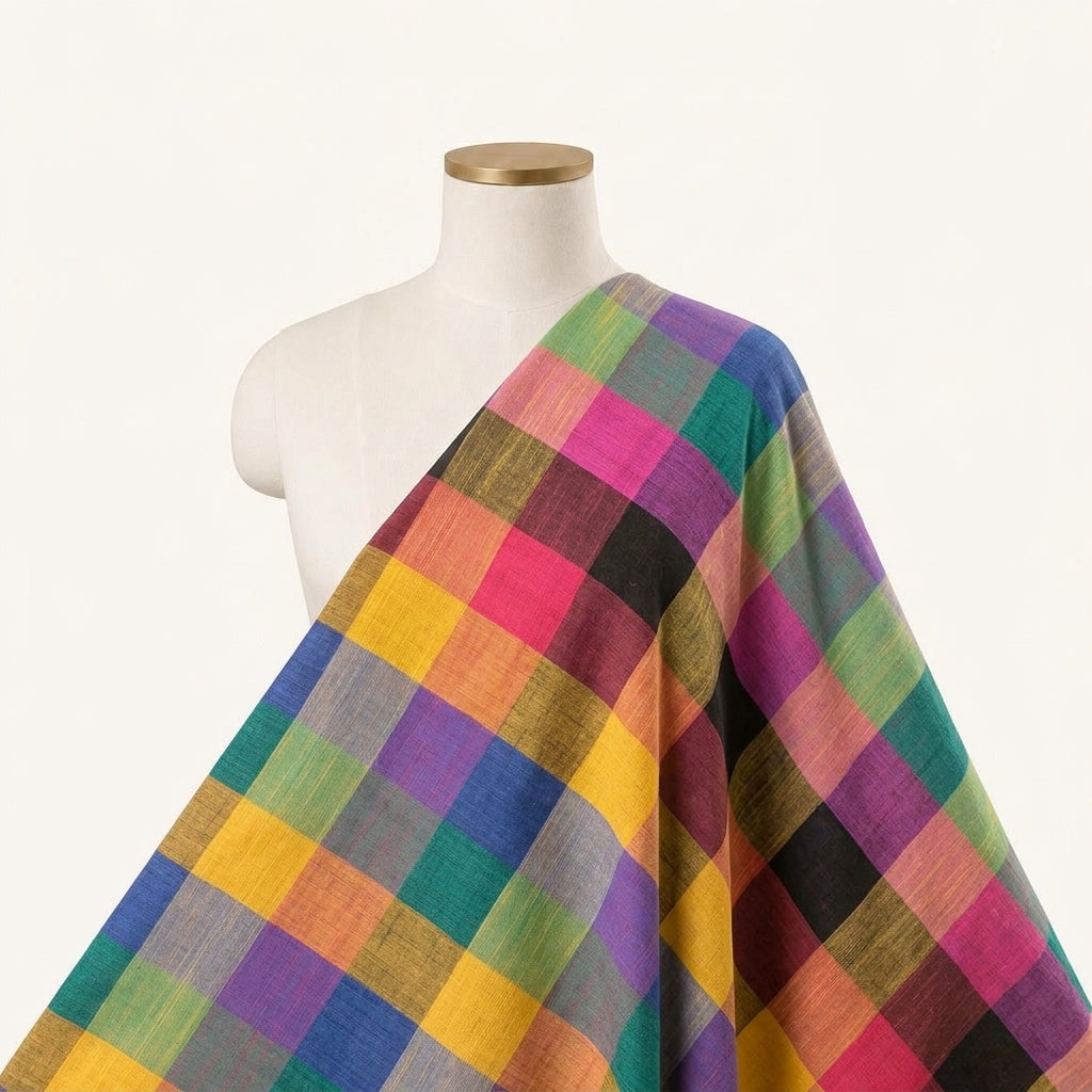 Checked Multicolor Checked Cotton Fabric Draped as a saree