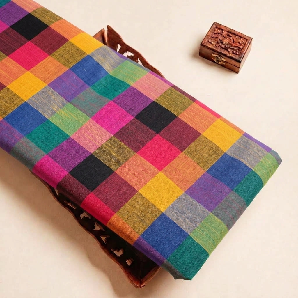 Folded Multicolor Checked Cotton Fabric Highlighting and Texture