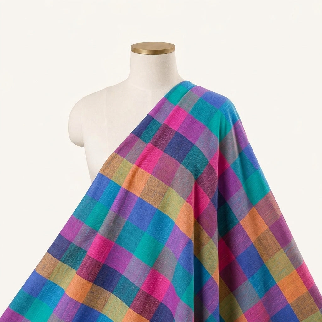 Checked Multicolor Checked Cotton Fabric Draped as a saree