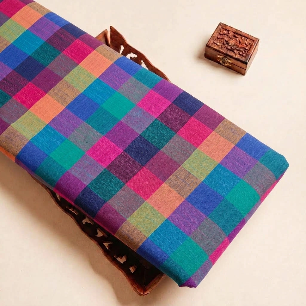 Folded Multicolor Checked Cotton Fabric Highlighting and Texture