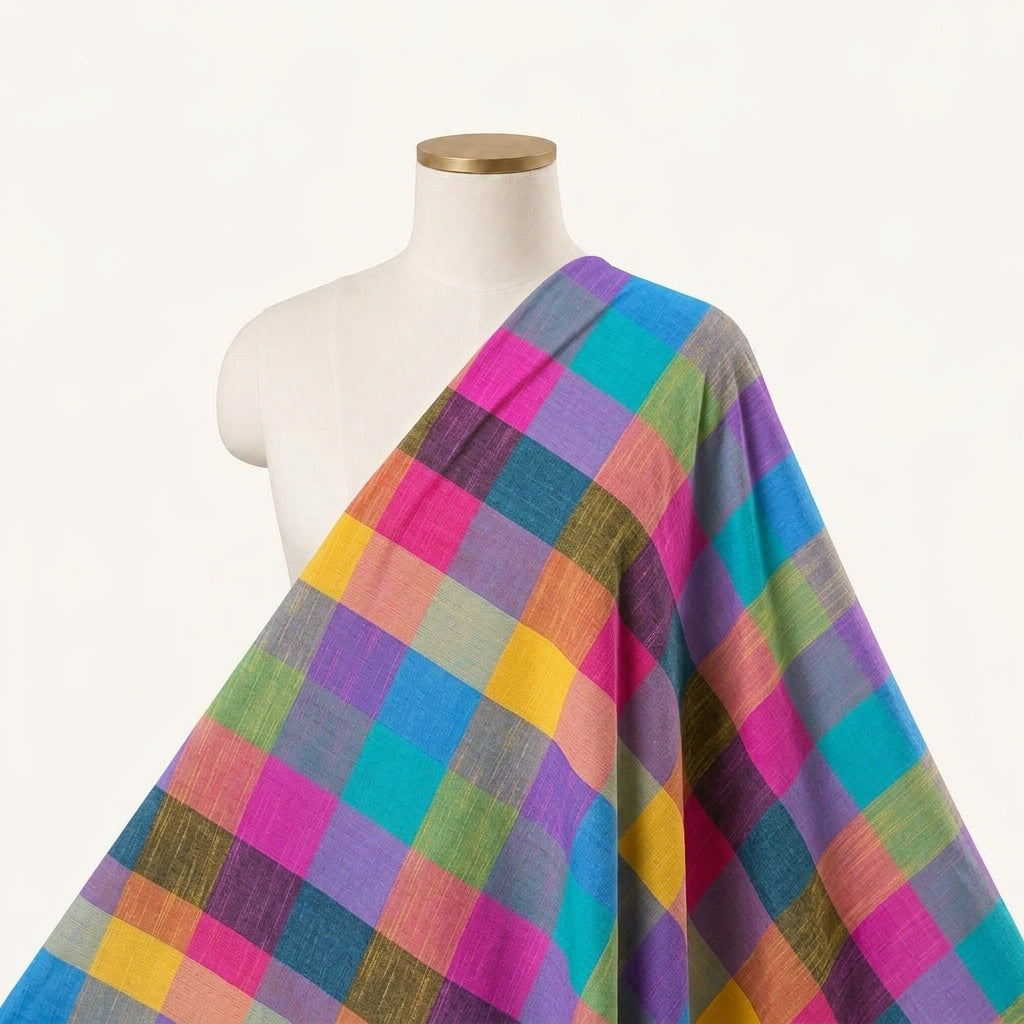 Checked Multicolor Checked Cotton Fabric Draped as a saree
