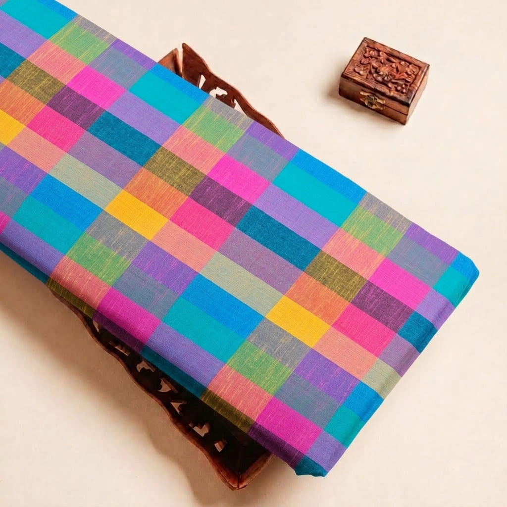 Folded Multicolor Checked Cotton Fabric Highlighting and Texture