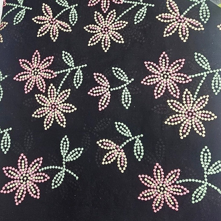 Black Embroidery Cotton Fabric, laid flat