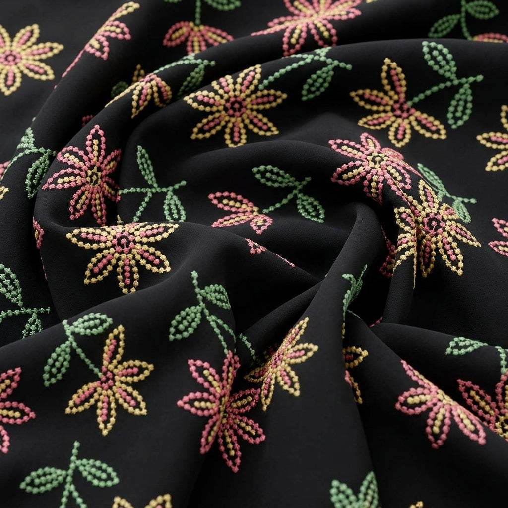 Swirled Black Embroidery Cotton Fabric Showing Thread Work Floral and Drape