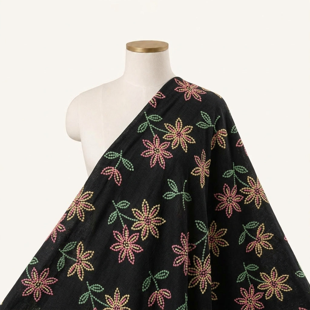 Black Embroidery Cotton Fabric Draped as a saree