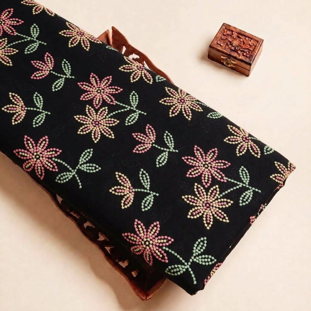 Folded Black Embroidery Cotton Fabric Highlighting Thread Work Floral and Texture