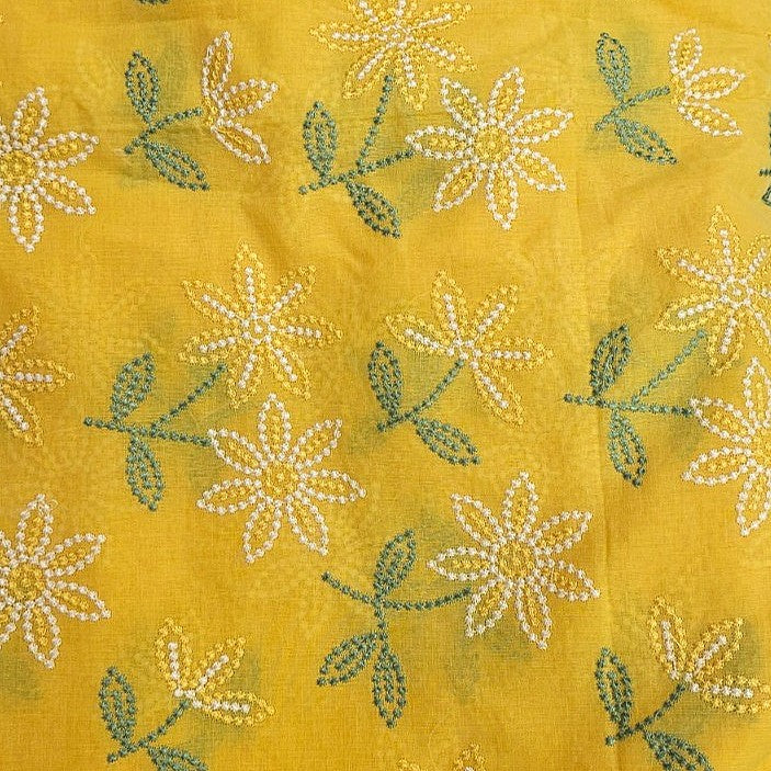 Yellow Embroidery Cotton Fabric, laid flat