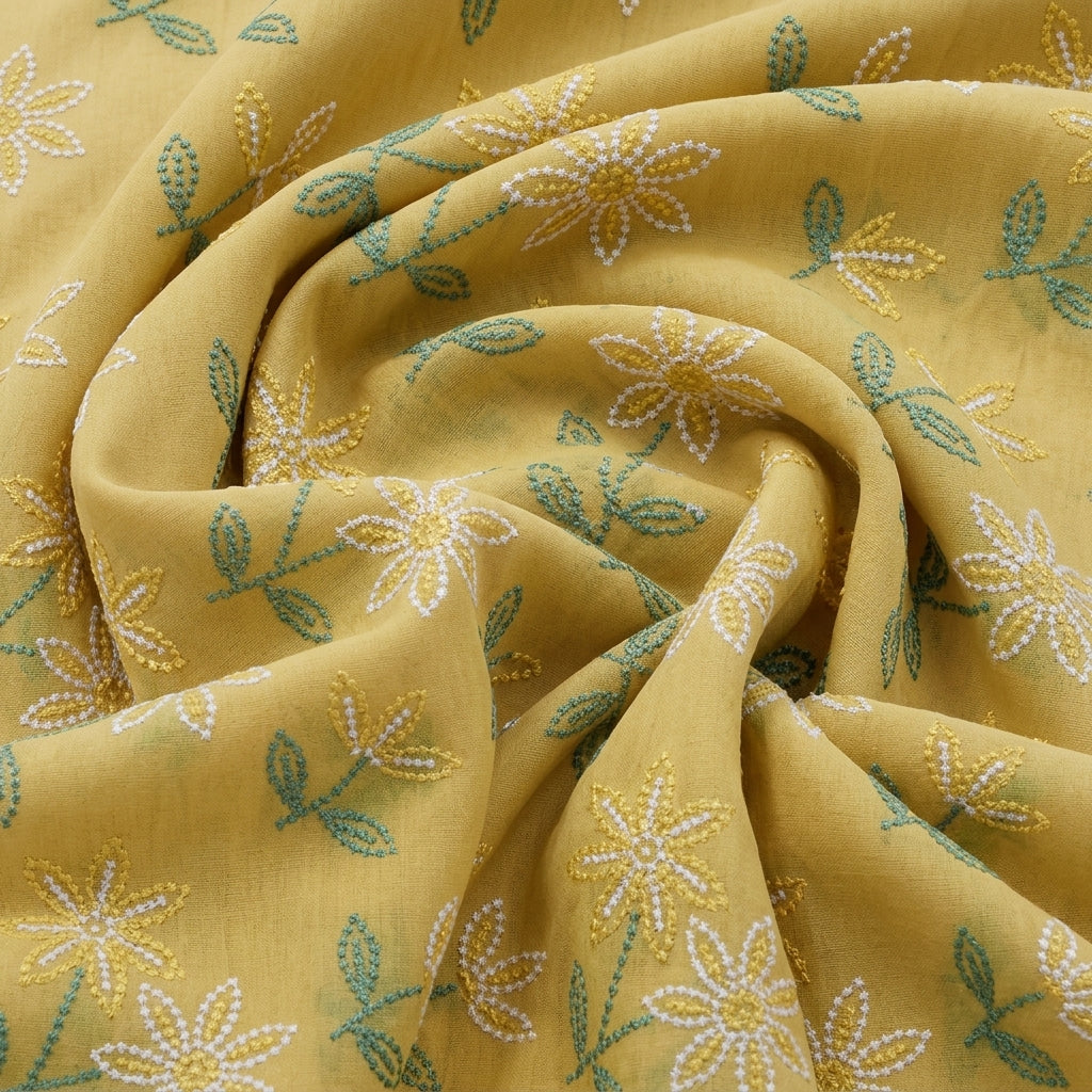 Swirled Yellow Embroidery Cotton Fabric Showing Thread Work Floral and Drape