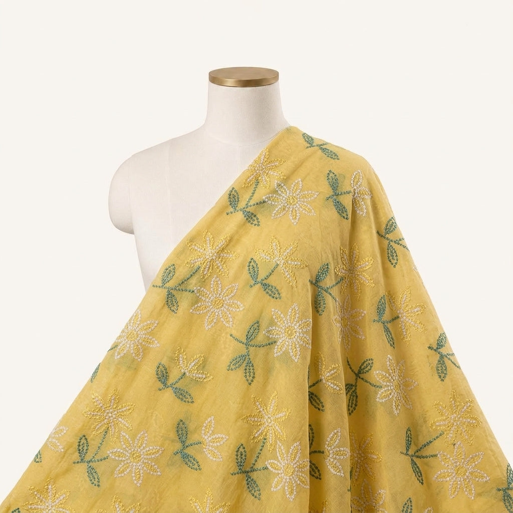 Yellow Embroidery Cotton Fabric Draped as a saree