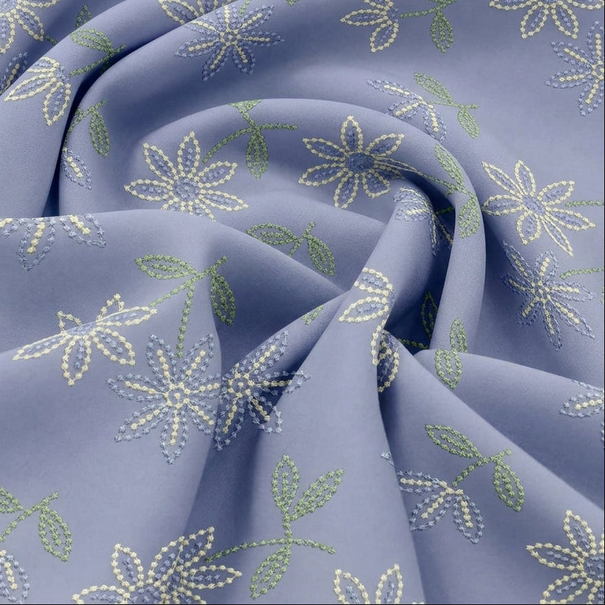 Swirled Violet Embroidery Cotton Fabric Showing Thread Work Floral and Drape