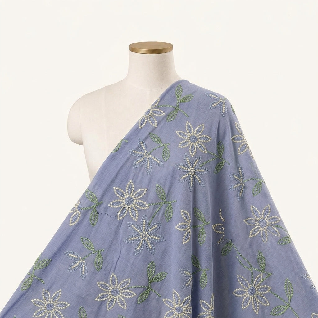 Violet Embroidery Cotton Fabric Draped as a saree