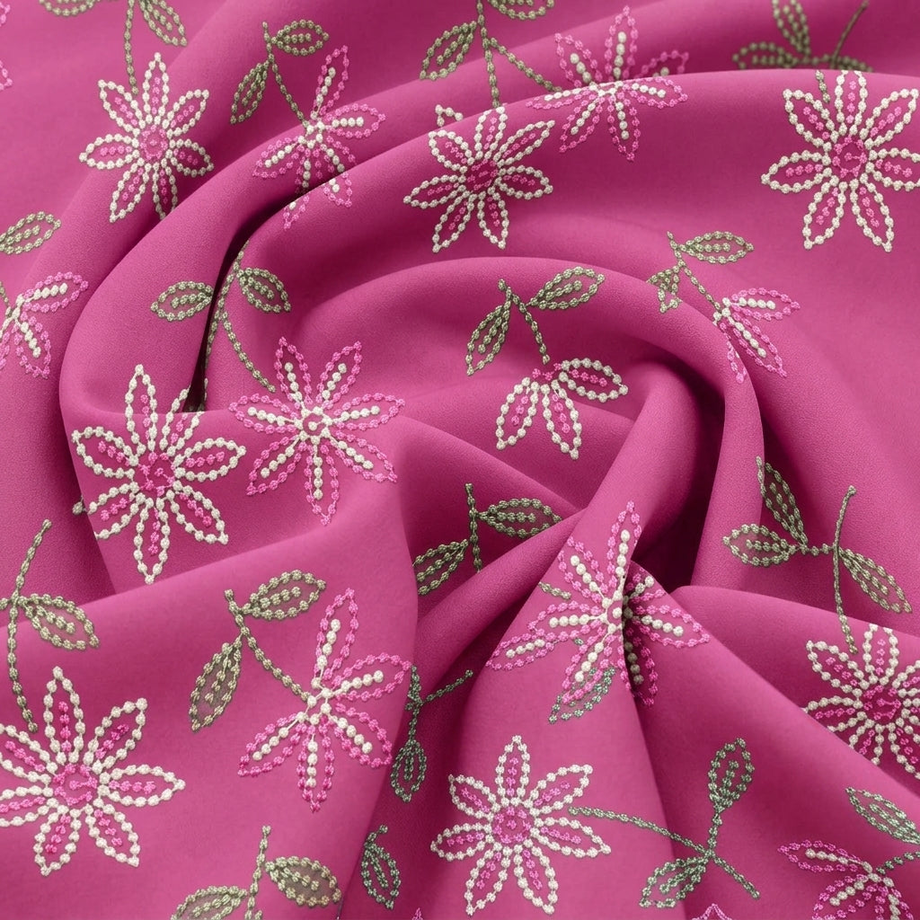 Swirled Pink Embroidery Cotton Fabric Showing Thread Work Floral and Drape