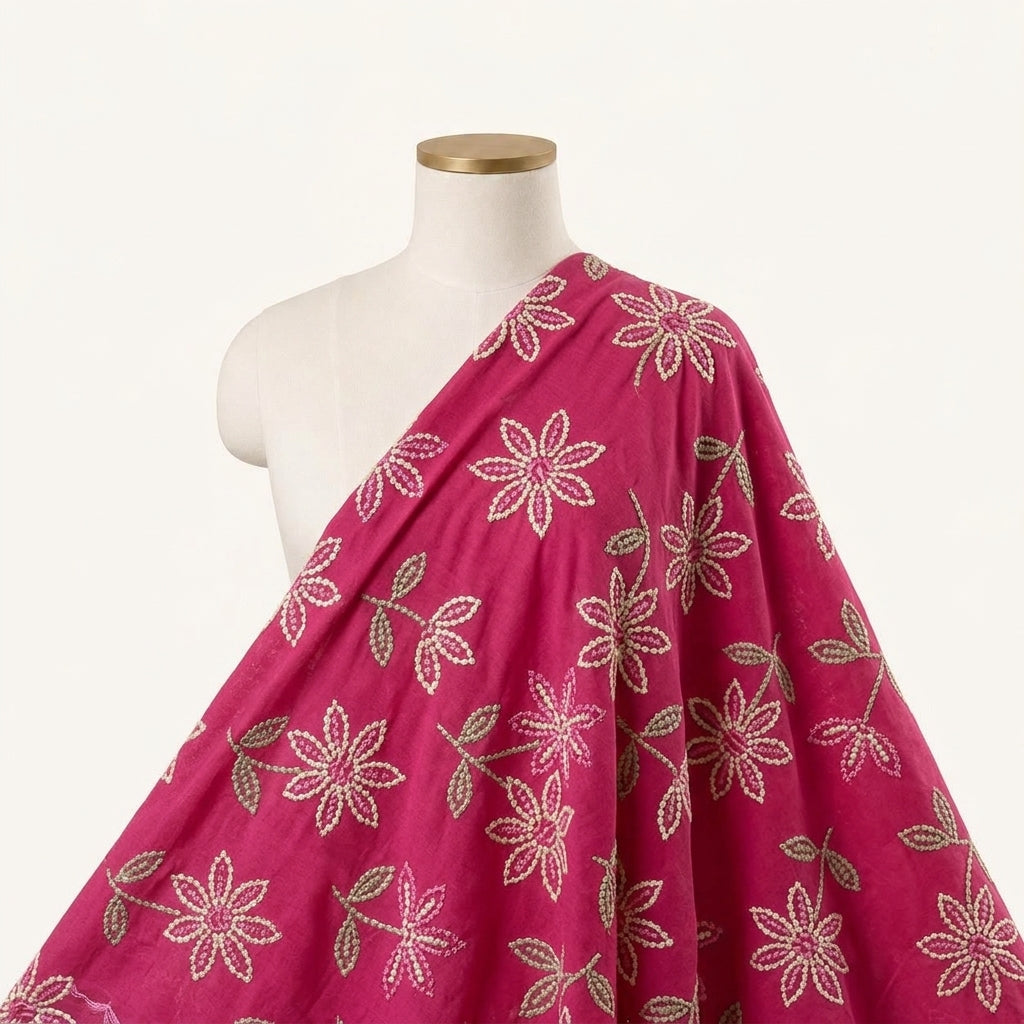 Pink Embroidery Cotton Fabric Draped as a saree